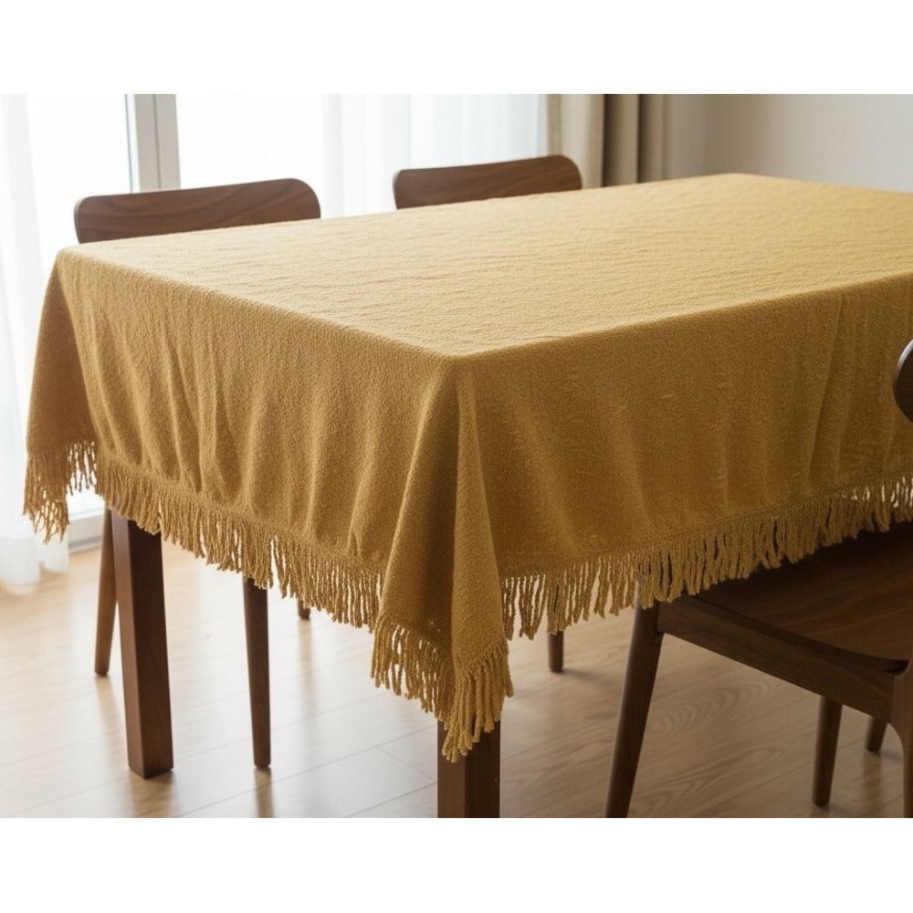 Vtg MCM 60s Boho Gold Fringe Tablecloth Textured Square (ish) 60" x 56" Grandma